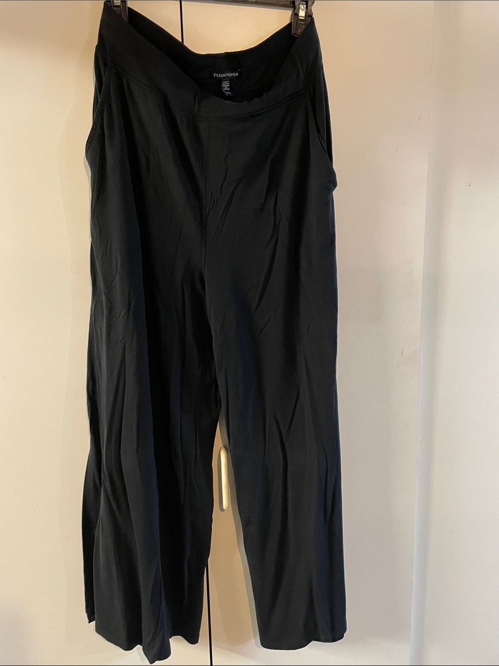 Eileen Fisher Black Wide-Leg Pull-On Trousers with a side slits at the bottom